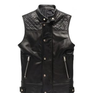 Men Black Quilted Style Leather Vest