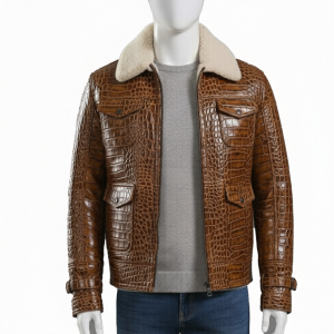 Brown Textured Leather Jacket Mens Winter Coat with Shearling Collar