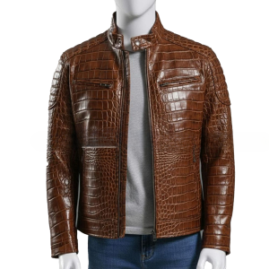 Embossed Brown Leather Jacket Men  Genuine Leather Stand Collar