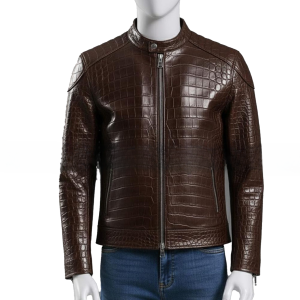 Embossed Genuine Leather Motorcycle Jacket Slim Fit Aviator Coat