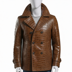 Embossed Brown Leather Coat Mens Double Breasted Jacket