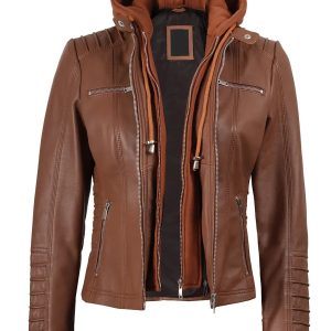 Women's Cognac Brown Leather Jacket With Removable Hood