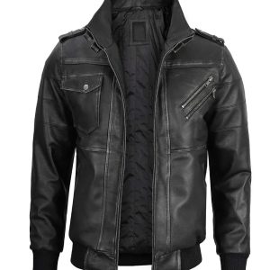 Men's Bomber Dark Grey Leather Jacket with Removable Hood