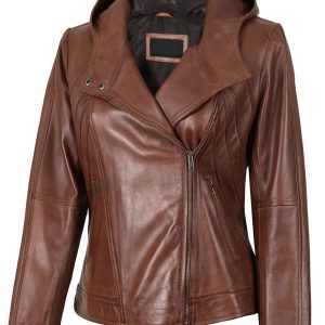 Cidra Women Asymmetrical Brown Hooded Leather Jacket