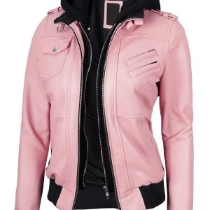 Women's Pink Leather Jacket with Removable Hood