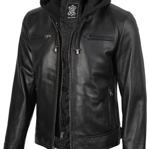 Men's Black Biker Style Leather Jacket with Removable Hood