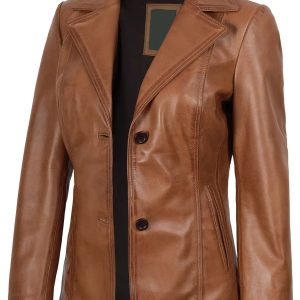 Women's Two Button Tan Brown Leather Blazer Jacket