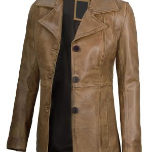 Women’s Camel Three Button Lambskin Leather Jacket