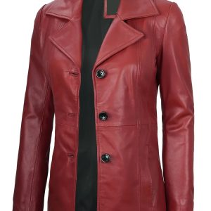 Women's Red Real Leather Blazer Jacket