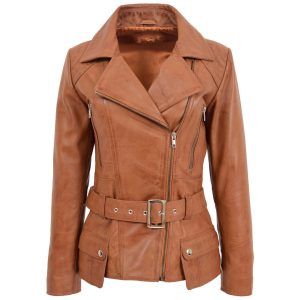 woman jacketsWomens Leather Hip Length Biker Jacket Celia Tan