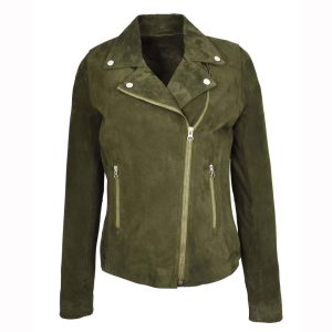 Women's Genuine Goat Suede Biker Jacket Lola Olive Green