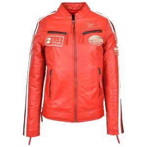Ladies Leather Cafe Racer Biker Jacket Motorcycle Badges Rosa Black