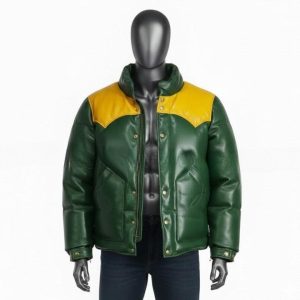 Mens Green Leather Puffer Jacket Yellow Yoke Winter Coat