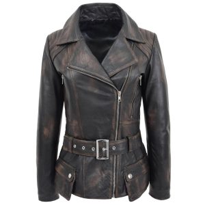 Womens Leather Hip Length Biker Jacket Celia Rub Off