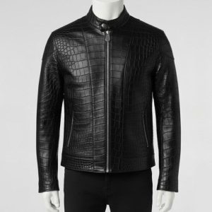 Mens Crocodile Embossed Leather Biker Jacket  Slim Fit Aviator Coat