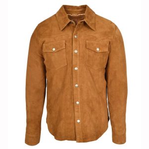 Mens Real Goat Suede Shirt Western Trucker Jacket Oliver Cognac