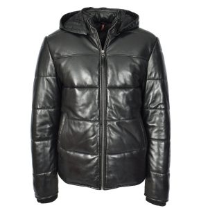 Men's Black Leather Puffer Jacket With Detachable Hood Quilted Padded Outerwear Rory