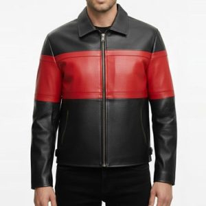 Red Stripe Black Leather Jacket for Men Modern Panel Design Zip Jacket