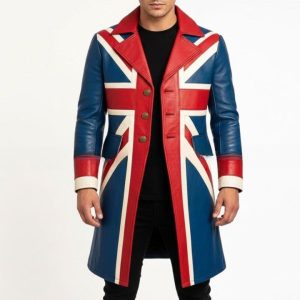 Genuine Leather Long Color Block UK Flag Coat with Geometric Panel Design