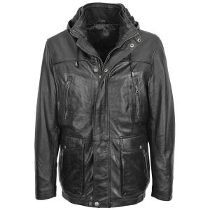 Mens Leather Parka Detachable Hoodie Logan Black