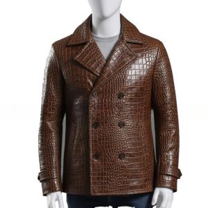 Embossed Brown Leather Peacoat  Mens Double Breasted Jacket