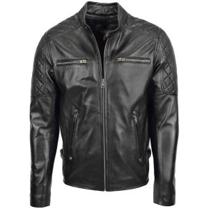 Mens Leather Biker Style Jacket with Quilt Detail Jackson Black