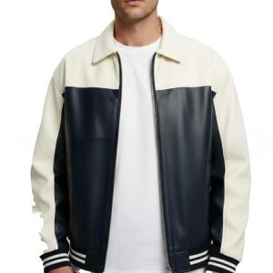Two Tone Black and Cream Mens Leather Jacket with Front Zip and Ribbed Cuffs