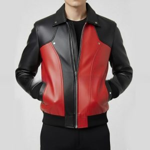 Mens Red and Black Leather Bomber Jacket Genuine Leather Zip Up Jacket Modern Two Tone Moto Style Coat Streetwear Biker Jacket Gift