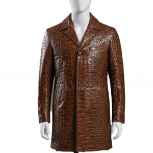 Mens Brown Croc Embossed Coat  Genuine Leather Button Front Jacket  Handmade Long Leather Outerwear