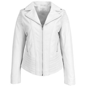 Womens Real Leather Biker Jacket Trendy Fitted Casual Style Emily White