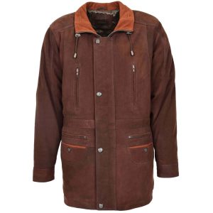 Mens Leather Winter Car Coat Hip Length Jason Brown Nubuck