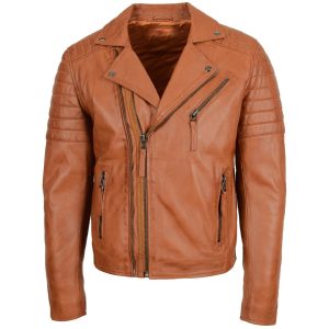 Mens Biker Leather Jacket Dual Zip Hook Tan