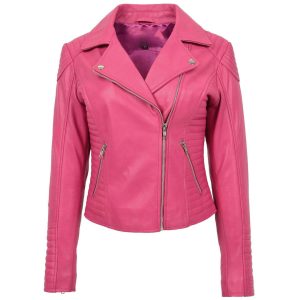 Womens Soft Leather Cross Zip Biker Jacket Anna Pink
