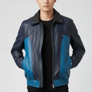 Mens Two Tone Leather Jacket   Navy  Teal Zip Up Casual Biker Style Coat