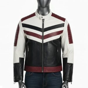 Mens Genuine Leather Racing Jacket Contrast Panel Fashion Coat