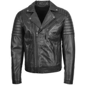 Mens Biker Leather Jacket Dual Zip Hook Black