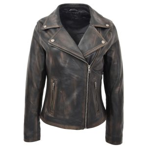 Womens Soft Leather Cross Zip Biker Jacket Lola Vintage Black