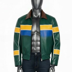 Genuine Leather Blue Jacket with Yellow And Blue Accent Panels
