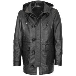 Mens Leather Duffle Coat with Hoodie Jack Black