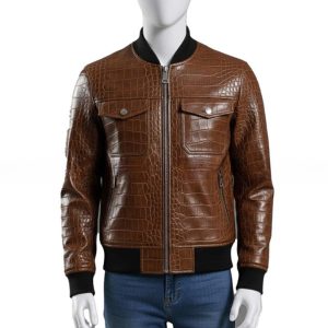 Mens Crocodile Embossed Leather Bomber Jacket  Genuine Leather Aviator Coat