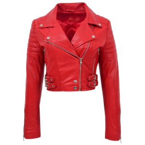 Womens Leather Cropped Biker Style Jacket Demi Red
