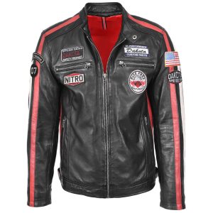 Mens Leather Biker Jacket Motorsport Logos Bobby Black