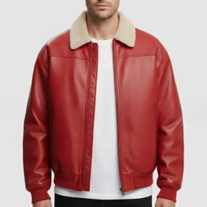 Mens Red Genuine Leather Bomber Jacket Shearling Collar Aviator Style