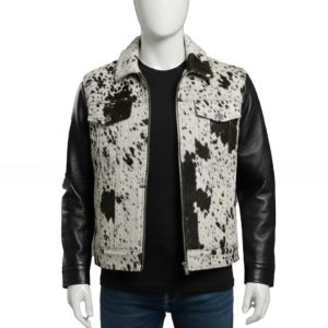 Mens Black and White Textured Leather Jacket with Modern Panel Design and Button Front