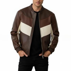 Mens Black Genuine Leather Jacket  Red  White Stripe Detail