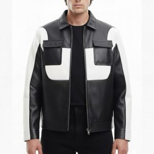 Mens Black  White Genuine Leather Jacket  Modern Zip Front