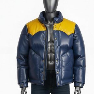Blue Puffer Jacket with Yellow Shoulder Panels for Men  Genuine Leather Puffer Coat