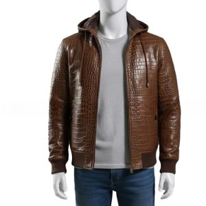 Mens Brown Croc Embossed Genuine Leather Hoodie  Biker Jacket
