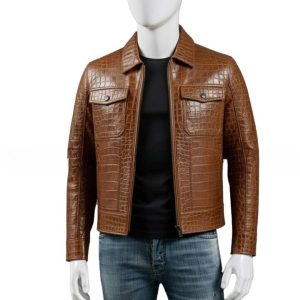 Mens Brown Croc Embossed Genuine Leather Trucker Jacket