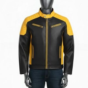 Mens TwoTone Genuine Leather Jacket  Black  Yellow Trim